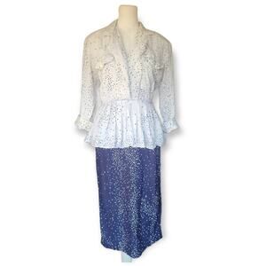 Vintage Dawn Joy Peplum Pencil Dress‎ Womens Small Polka Dot Blue White Office